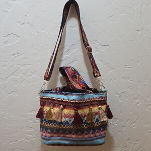 3/$10 Boho Chic Woven Fringe Bucket Bag - Adjustable Wide Strap